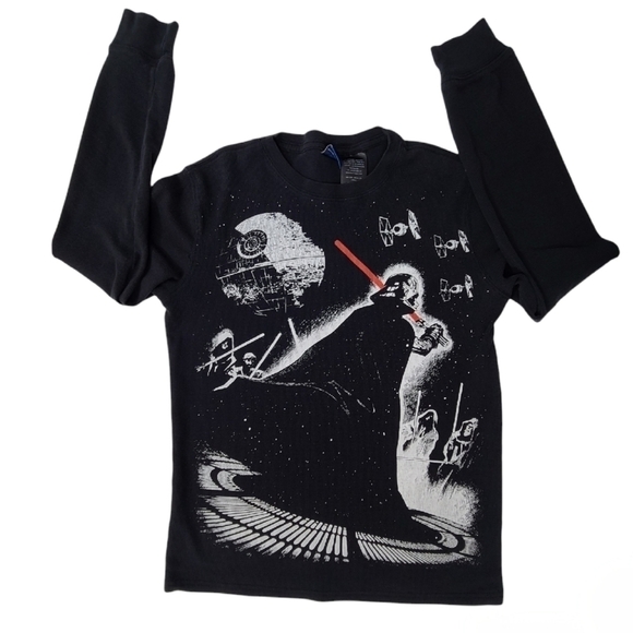 Star Wars Youth Long Sleeve Thermal Tee Black White Darth Vader Graphic, Medium - Picture 3 of 15
